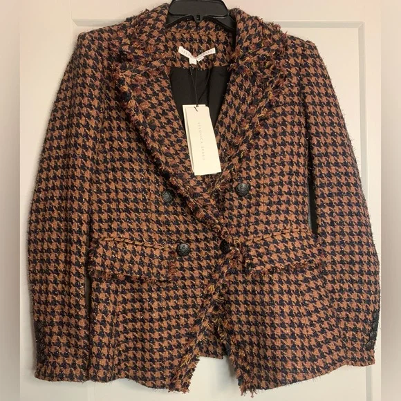 Veronica Beard Taja Dickey Jacket Size 4 Cognac Brown Tweed Houndstooth Blazer - Picture 5 of 16